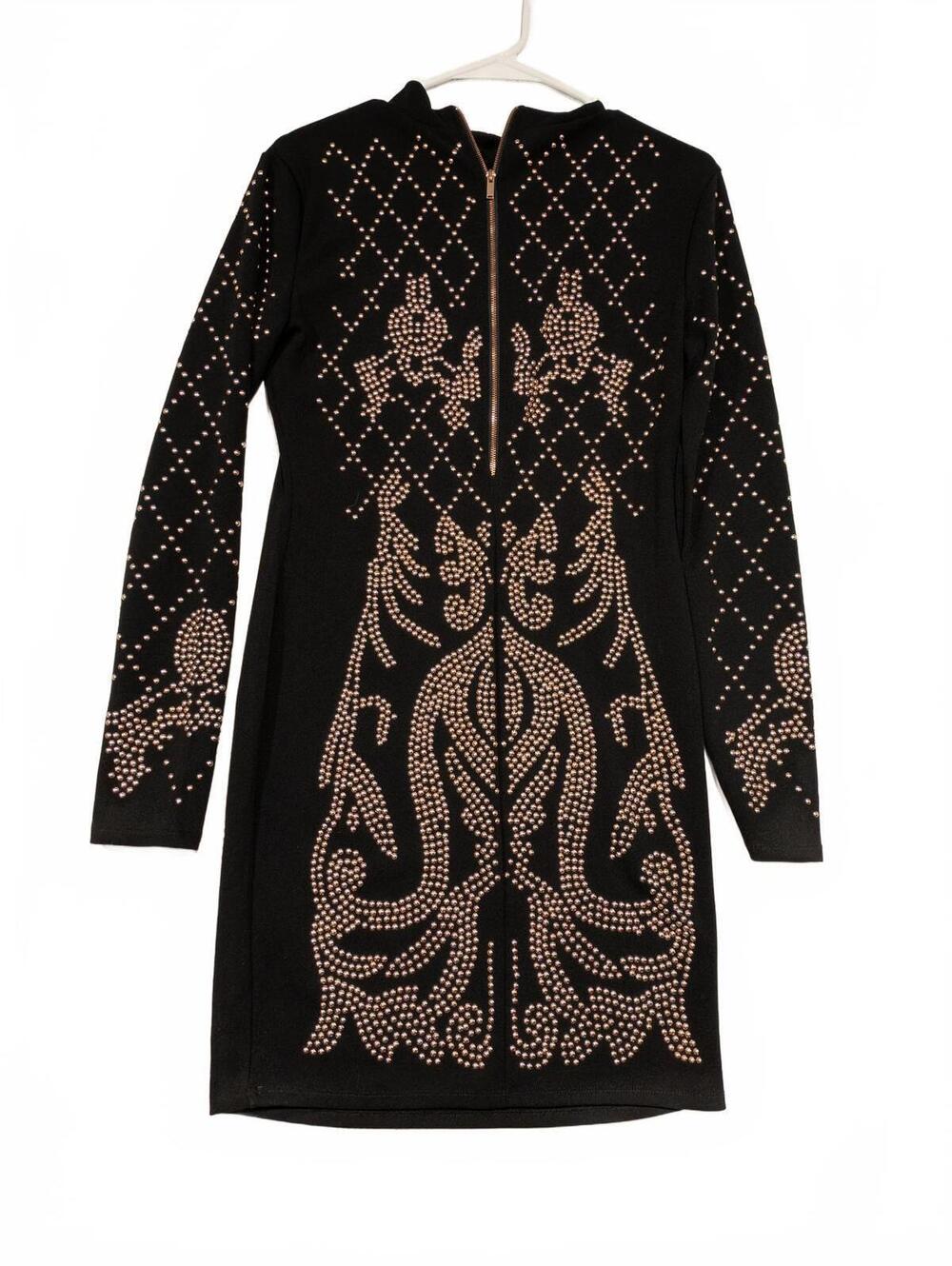 Revamped Elegant Black Beaded Rose Gold Studded Dress with Zip-Up Detail